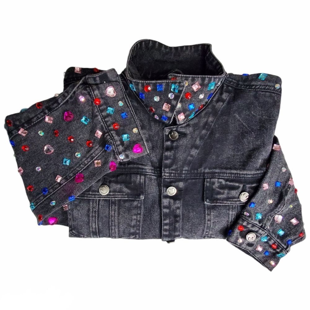 Rock Glam Rhinestone Studded Black Denim Jacket Bedazzled Vintage Size 10 - Picture 10 of 15